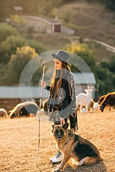 Female shepherd with a dog grazes a flock on the lawn