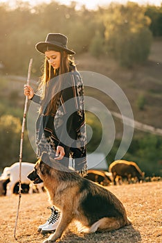 Female shepherd with a dog grazes a flock on the lawn