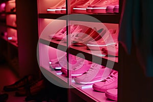 Female shoes in pink colors with luminous sole on the shelves of wardrobe or shoe shop