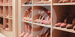 Female shoes in pink colors on the shelves of wardrobe or shoe shop