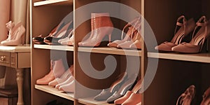 Female shoes in pink colors on the shelves of wardrobe or shoe shop