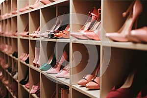 Female shoes in pink colors on the shelves of wardrobe or shoe shop