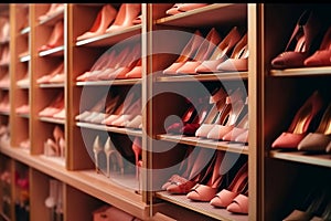 Female shoes in pink colors on the shelves of wardrobe or shoe shop