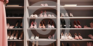 Female shoes on the shelves of wardrobe or shoe shop