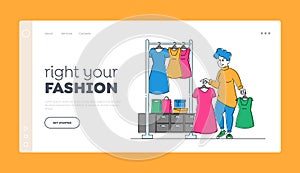 Female Shopaholic Character Shopping Landing Page Template. Young Plus Size Woman Choose Fashioned Dress in Store