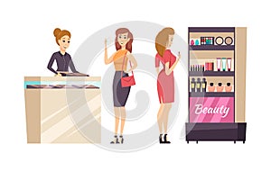 Female Shopaholic Choosing Cosmetics Set Vector