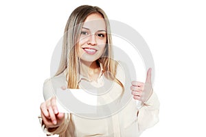 Female showing blank credit card