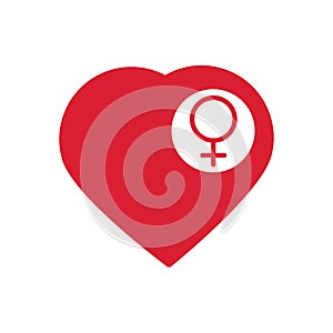 Female sign icon in the heart. Woman sex heart button. Vector. Vector illustration flat design isolated on white background.