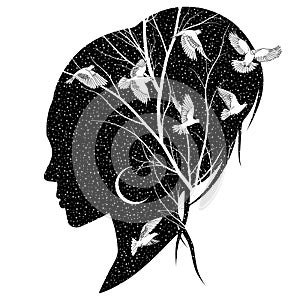 Female silhouette with birds