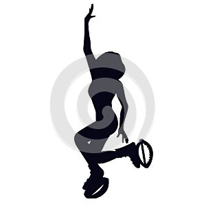 Female silhouette doing grape wine exercise in kangoo jump boots. Girl dancing in bounce shoes during HIIT