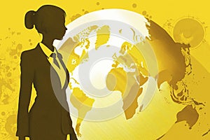 Female silhouette with globe behind in business scene on yellow background. Generative AI.