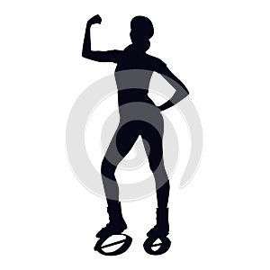 Female silhouette posing with her bicep curled in kangoo jump boots. Girl dancing in bounce shoes during HIIT