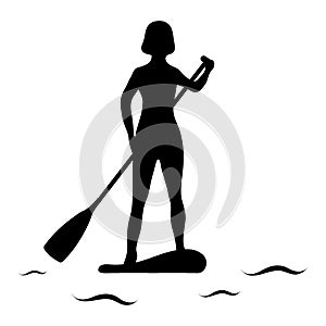 Female silhouette on stand up paddle board. SUP.