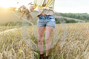 Female silhouette stands on the background of ripening ears of meadow gold wheat field.