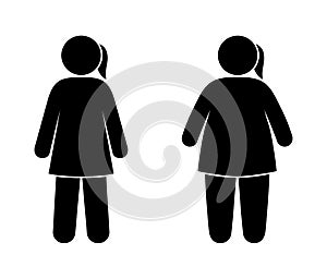 Female silhouette, stick man slim and fat, overweight illustration, women stand, isolated figures