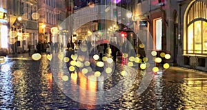 female silhouette with an umbrella on a road crossing in the evening city in the rain light traffic lights stripes of crossing on 