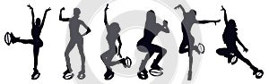 Female silhouettes doing exercises in kangoo jump boots like knee up, jacks, pendulum, seethes, squat, leg swing