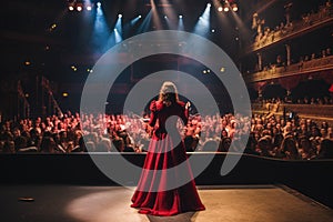 Female singer in red dress standing in front of audience at concert hall, An opera singer full rear view singing in front of large
