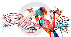 Female singer singing to microphone in intense colors. Performer with musical notes isolated. Vector illustration for live perform