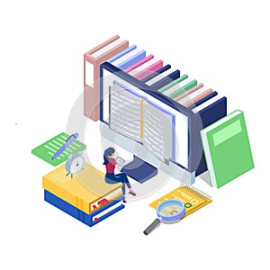 Female sit on the books and reading at the computer screen. E-learning concept with isometric illustration. Online Training. Compu