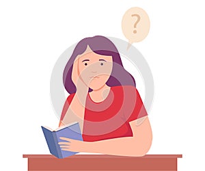 Female Sitting at Table with Notepad Thinking and Considering of Something Vector Illustration