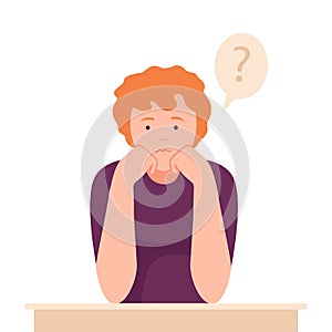 Female Sitting at Table with Pensive Face Expression Thinking and Considering of Something Vector Illustration