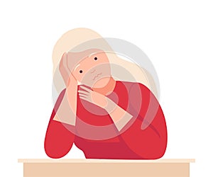 Female Sitting at Table with Pensive Face Expression Thinking and Considering of Something Vector Illustration