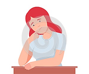 Female Sitting at Table with Pensive Face Expression Thinking and Considering of Something Vector Illustration