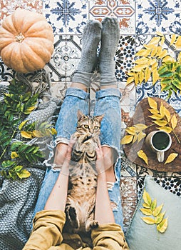 Female sitting on tiled floor and holding cat, top view