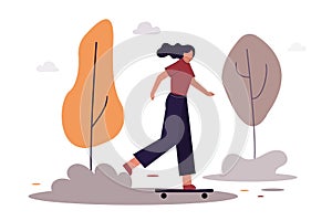 Female skateboarder riding in park. Cartoon girl on skate. Activity and healthy lifestyle. Concept of outdoor recreation