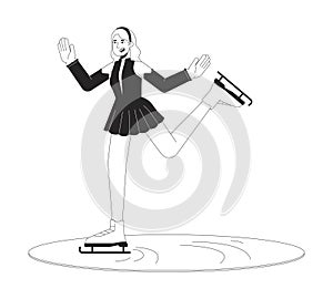 Female skater figure skating black and white cartoon flat illustration