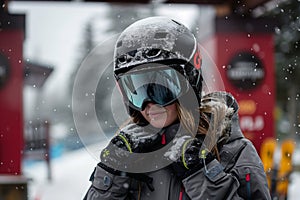 female in ski gear, shivering at resort entrance