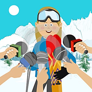 Female skier interviewed at a press conference after competition