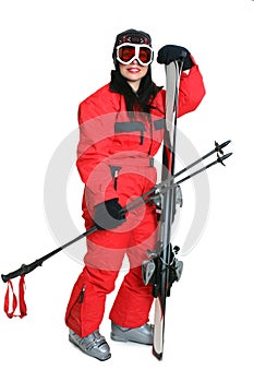 Female skier in red ski suit