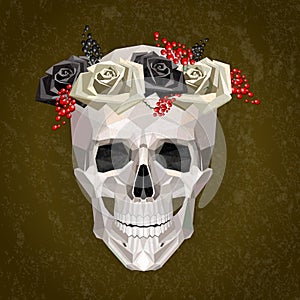 Female skull with wreath consisting of roses on the head in low poly style.
