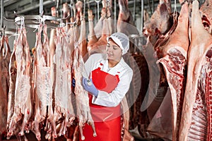 Female slaughterhouse worker using food thermometer to measure temperature of lamb carcass