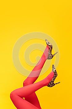 Female slender legs wearing stylish, heeled shoes with animal print and red tights over bright yellow background