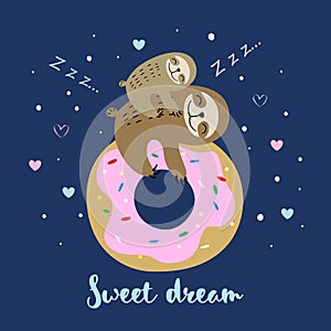 Female sloth with a baby sleeping on a sweet donut. Sweet dream. Motherhood. Inscription. Vector