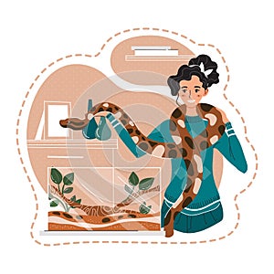 Female snake handler gently holding a large boa constrictor. Cheerful woman with a pet snake in a terrarium setting