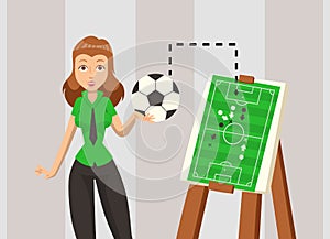 Female soccer coach explaining game strategy, vector illustration. Football team plan scheme, woman cartoon character