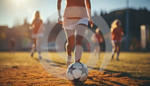 Female soccer football player in sportwear with the ball.Excitement. Young female soccer or football players in