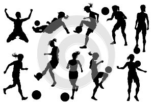 Female Soccer Football Player Woman Silhouette Set