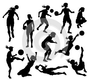 Female Soccer Football Player Woman Silhouette Set