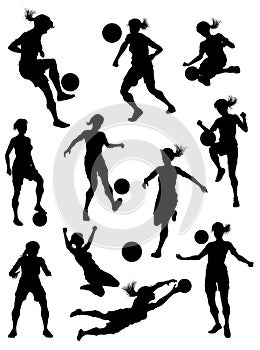 Female Soccer Football Player Woman Silhouette Set