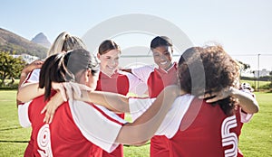 Female soccer, football or team huddle for support, motivation or celebration circle on sports field. Diverse group of