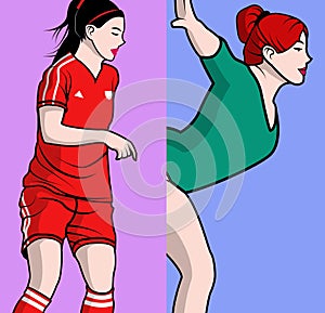 Female soccer player and female gymnast playing
