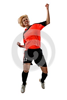 Female soccer player isolated on white
