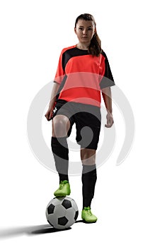 Female soccer player isolated on white