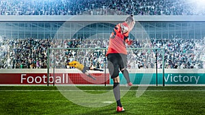 Female soccer player taking penalty on crowded stadium