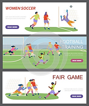 Female soccer player vector banner for web site page. Women sport team football training flat illustration.